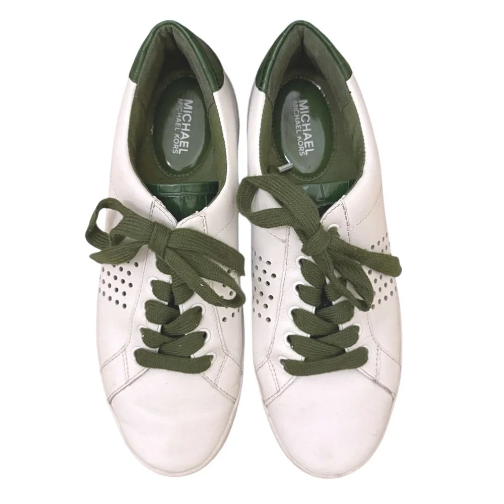 Michael Kors White Leather Low Top Sneakers Green Croc Trim Perforated Womens 8M